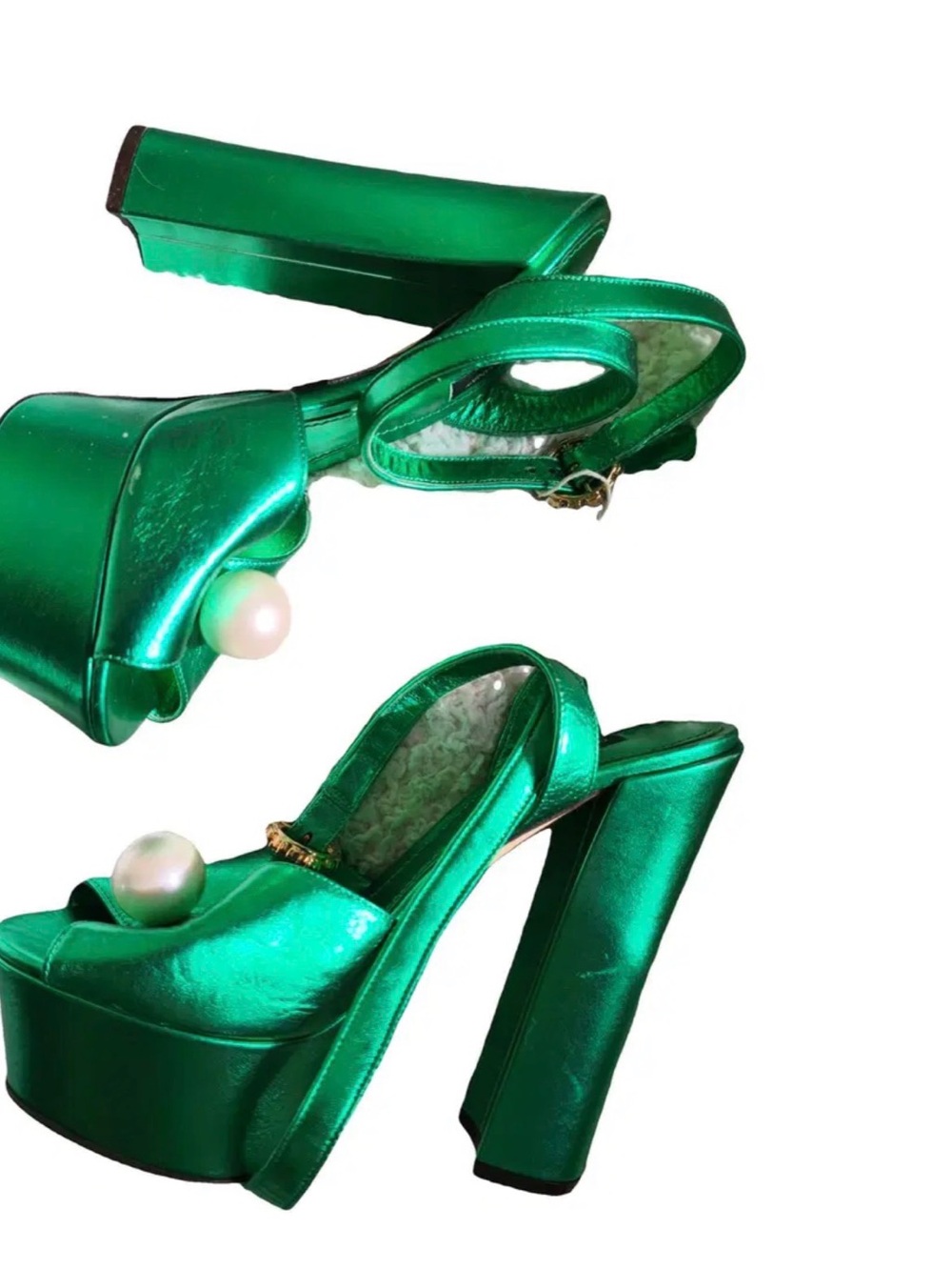 Dolce & Gabbana Metallic Emerald Green Satin Strappy Heels with Crystal Buckle
